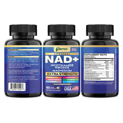Parrox NAD+ Supplement with Liposomal NAD+, Nicotinamide Riboside, Magnesium, Vitamin B3 & B12, Resveratrol, Turmeric, Ashwagandha, Lion’s Mane,10-in-1 Extra Strength (2 Pack) ParroxBuy Supplements Australia