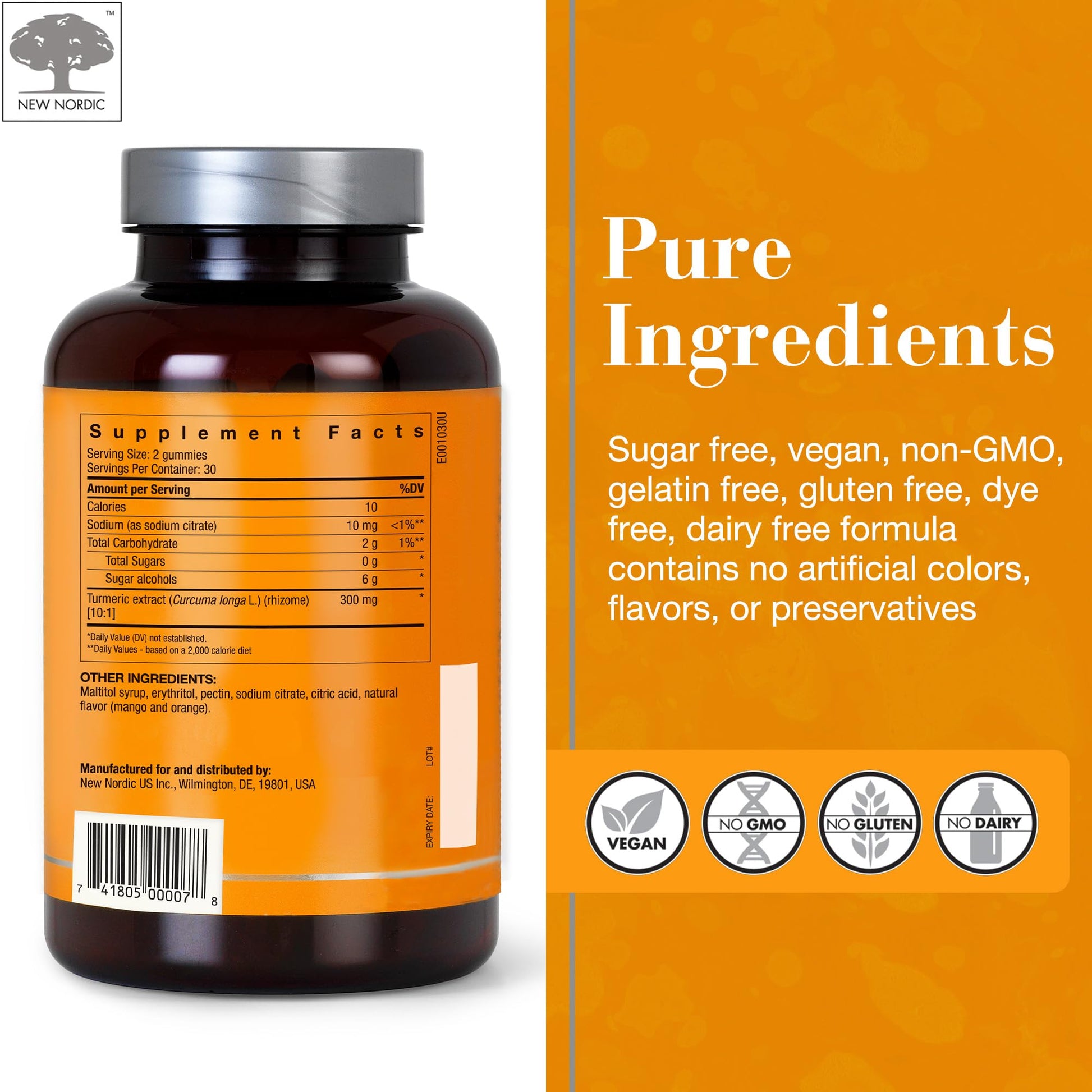 NEW NORDIC Turmeric Curcumin Gummies, Sugar Free, 300 mg Turmeric Supplement for Men and Women, Supports Normally Functioning Joints, Knees, Shoulders, Mango Orange, 60 Count NEW NORDICBuy Supplements Australia