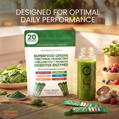 Optimal Human Superfood Greens Powder – 90+ Ingredient Blend with Lion’s Mane Supplement, Ashwagandha & Turmeric – Non-GMO, Soy-Free, Mushroom Supplements for Women – 20 Sachets O HBuy Supplements Australia