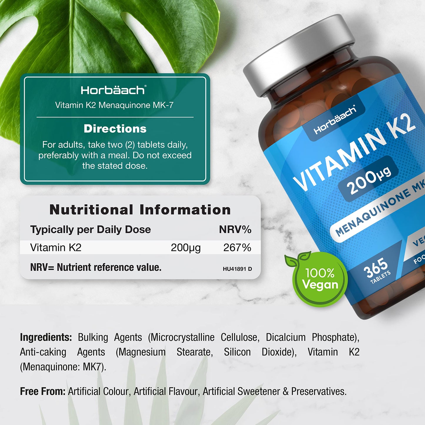 Vitamin K2 MK7 200ug | 365 Vegan Tablets | High Strength Menaquinone MK-7 HorbäachBuy Supplements Australia