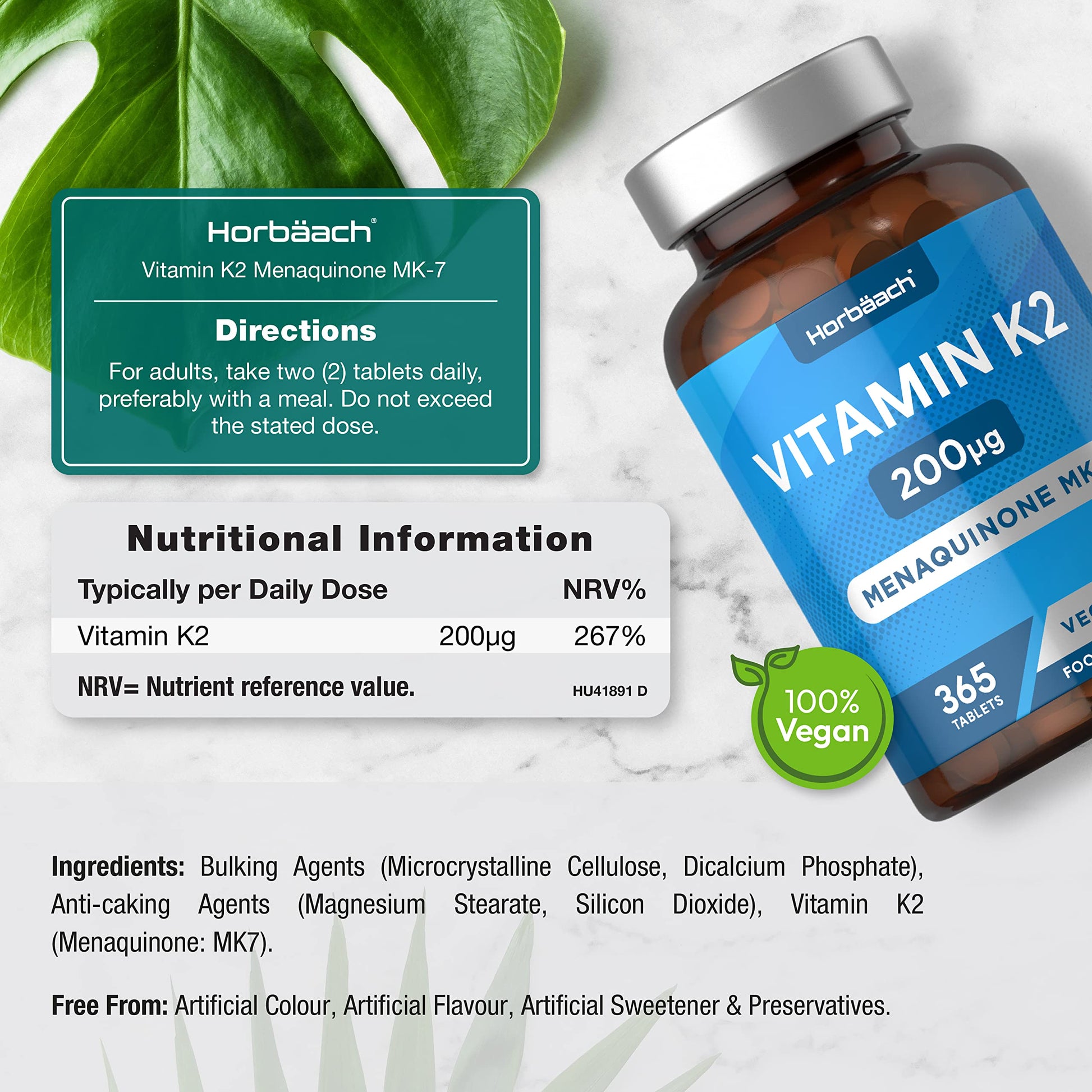 Vitamin K2 MK7 200ug | 365 Vegan Tablets | High Strength Menaquinone MK-7 HorbäachBuy Supplements Australia