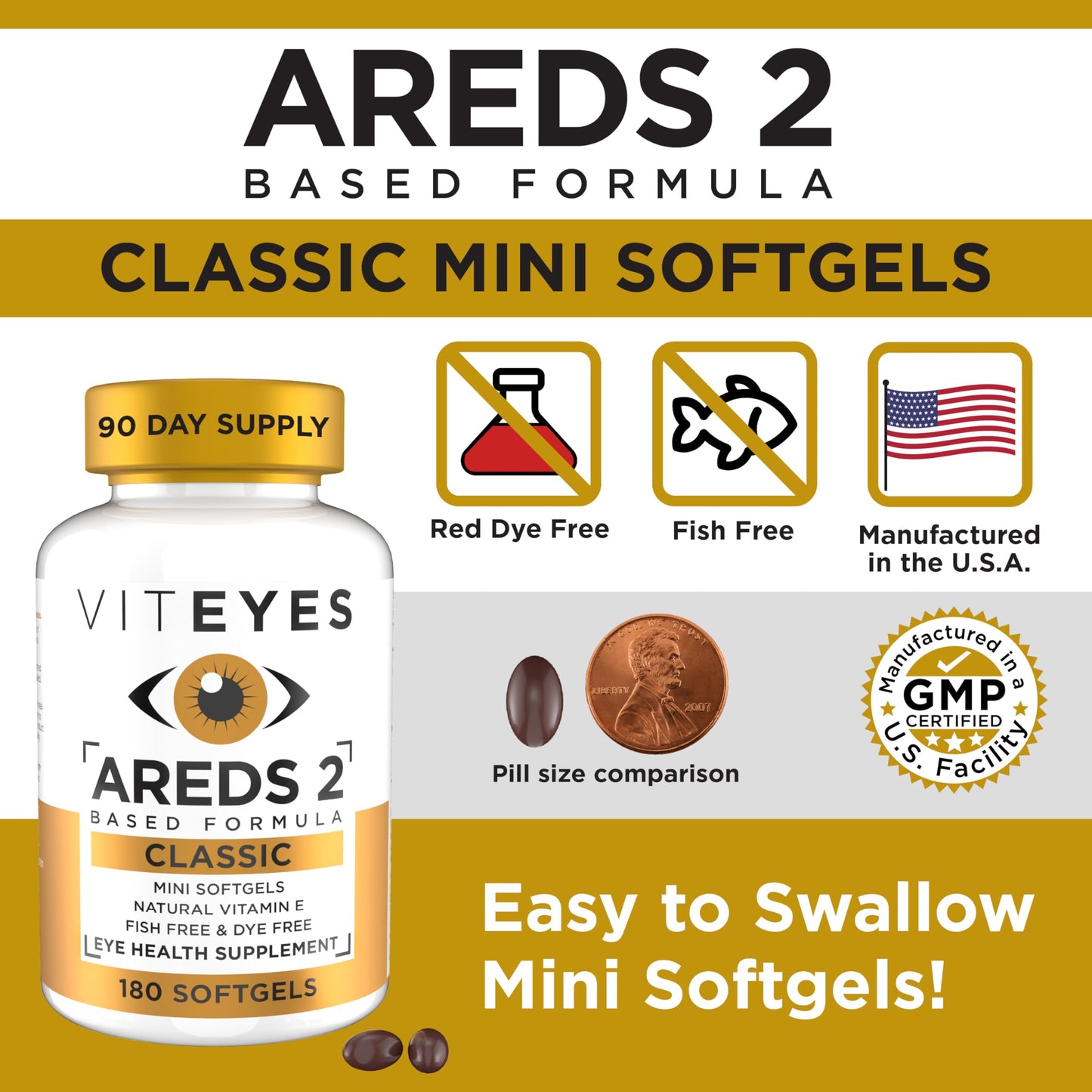 Viteyes AREDS 2 Classic Macular Health Formula Softgels, Eye Health Vitamin to Support Macular Health, Lower Zinc, Eye Vitamins, Macular Vitamins, Beta-Carotene Free, 180 Softgels ViteyesBuy Supplements Australia