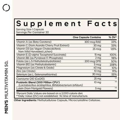 Codeage Men's Multivitamin 50 - Essential Vitamins & Minerals for Men Over 50 - Daily Multivitamins for Men Supplement - Vitamin A, C, D3, E, B6, B1, CoQ10, Probiotics, Lutein - Non-GMO - 30 Capsules CodeageBuy Supplements Australia