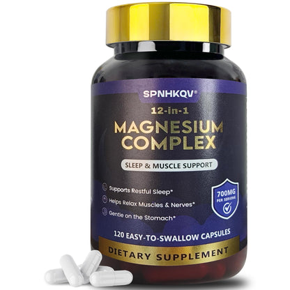 SPNHKQV Magnesium 12-in-1 Complex Supplement – 700mg High Absorption Magnesium Glycinate Capsules for Women & Men – Muscle, Nerve & Sleep Support – 120 Vegan Capsules SPNHKOVBuy Supplements Australia