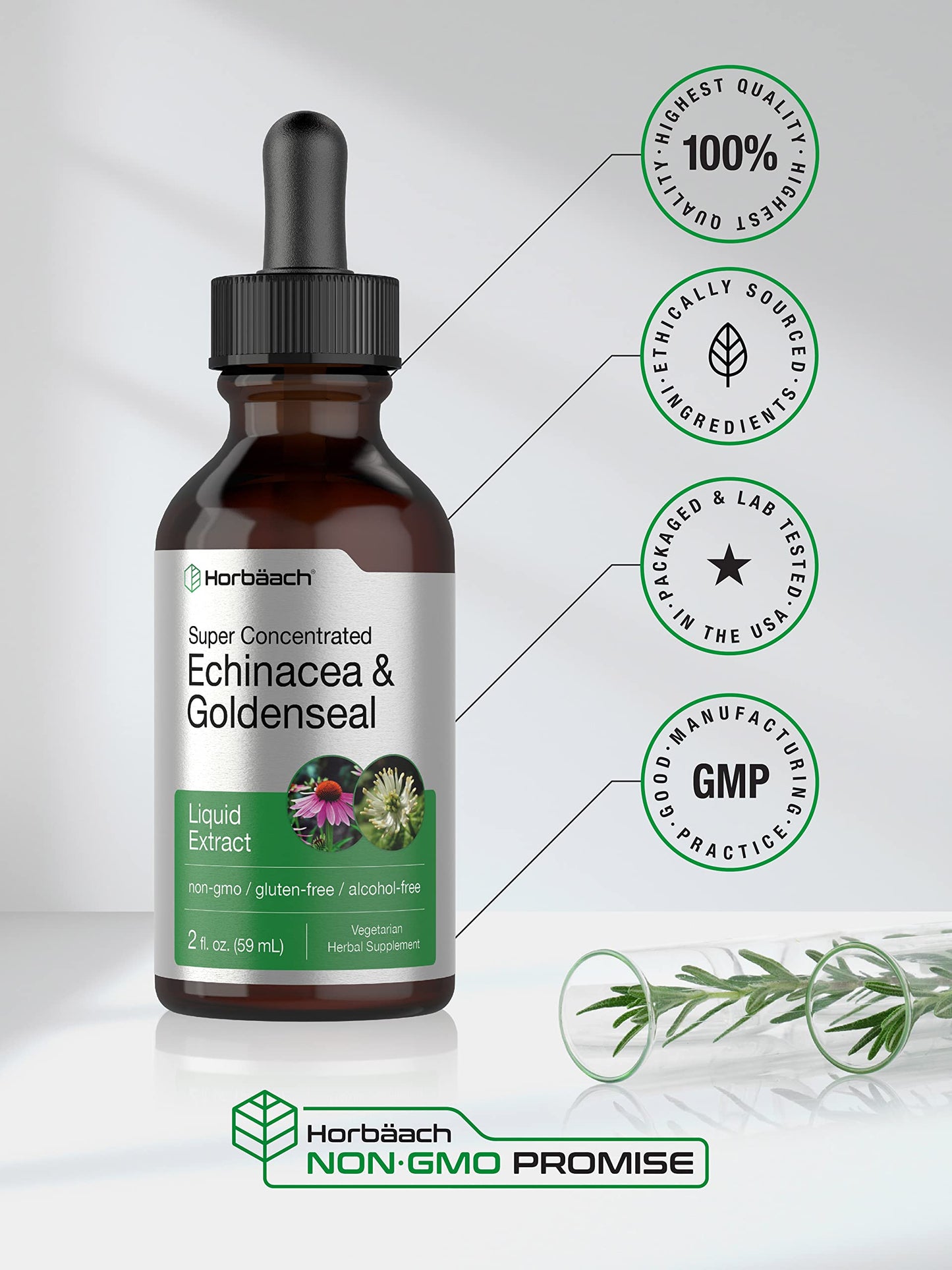Echinacea Goldenseal Liquid Extract | 2 fl oz | Alcohol Free Tincture Drops | Vegetarian HorbäachBuy Supplements Australia