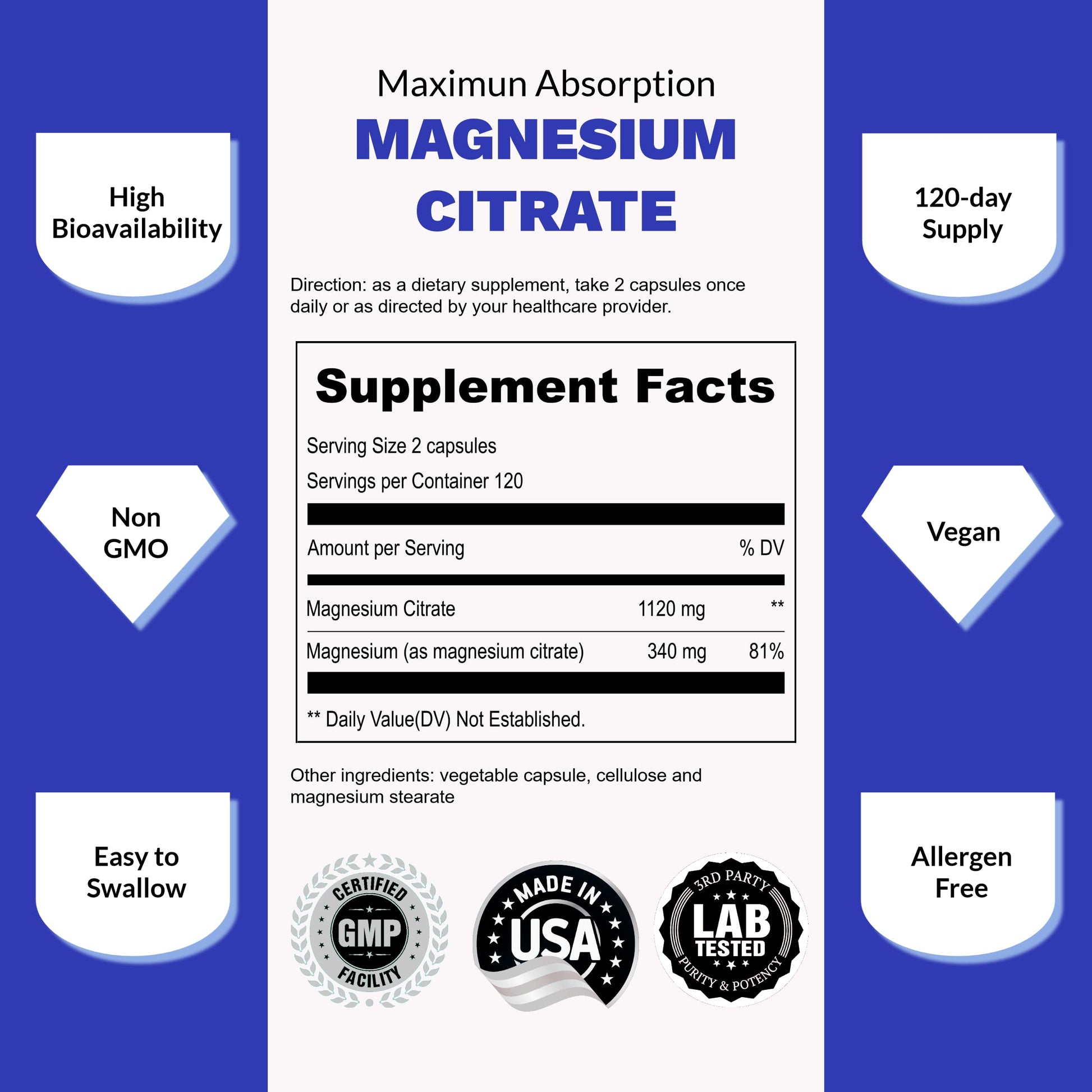 UpNourish Pure Magnesium Citrate (Citrato de Magnesio) 1120mg, 240 Capsules UpNourishBuy Supplements Australia