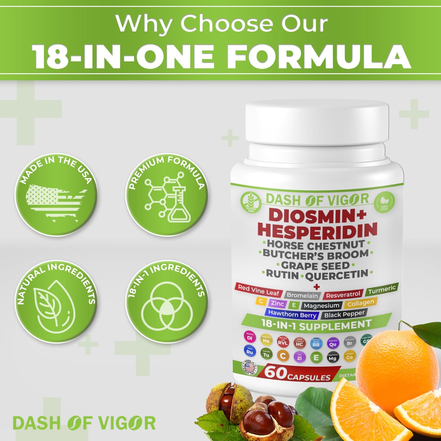 Dash of Vigor 18-in-1 Diosmin Hesperidin Supplement, Quercetin with Bromelain, Zinc, Vitamin C with Rutin Supplement, Horse Chestnut Extract, Butcher's Broom Extract, USA, 60 Capsules DASH OF VIGOR DOFVBuy Supplements Australia