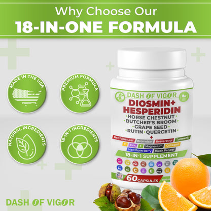 Dash of Vigor 18-in-1 Diosmin Hesperidin Supplement, Quercetin with Bromelain, Zinc, Vitamin C with Rutin Supplement, Horse Chestnut Extract, Butcher's Broom Extract, USA, 60 Capsules DASH OF VIGOR DOFVBuy Supplements Australia
