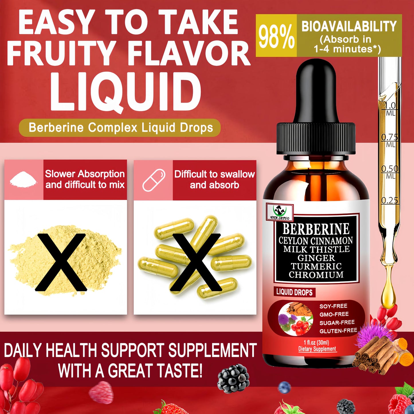 Berberine Drops, High Absorption 6-in-1 Liquid Berberine Supplement with Ceylon Cinnamon Milk Thistle Turmeric, Premium Berberine HCl for Immune Function Metabolic & Digestive Support, 30 Servings Vita letuoBuy Supplements Australia