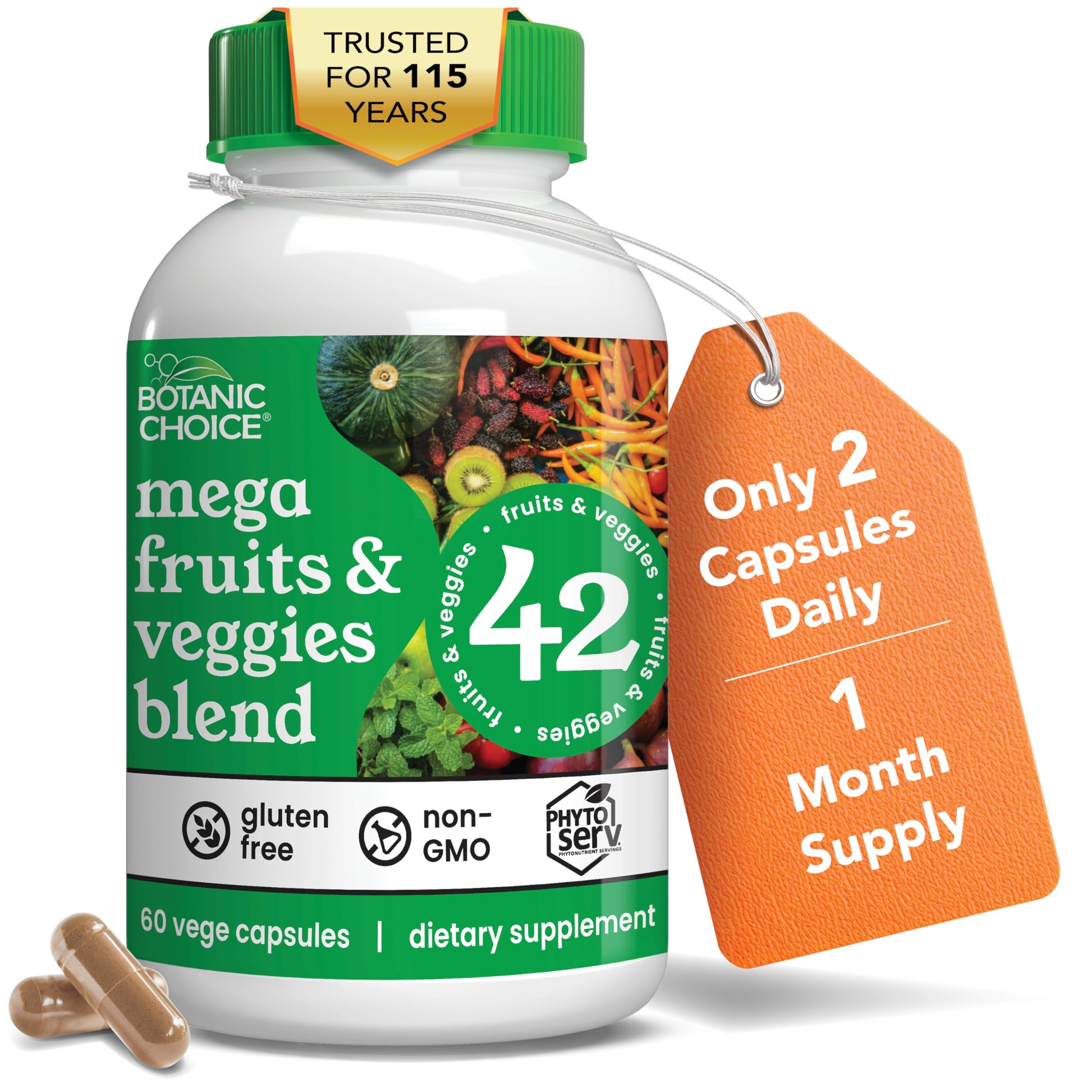 Botanic Choice Since 1910 - Mega Fruits & Veggies Blend - 42 Fruits and Vegetables - 2 Caps Daily - 60 Count Supplement Botanic ChoiceBuy Supplements Australia