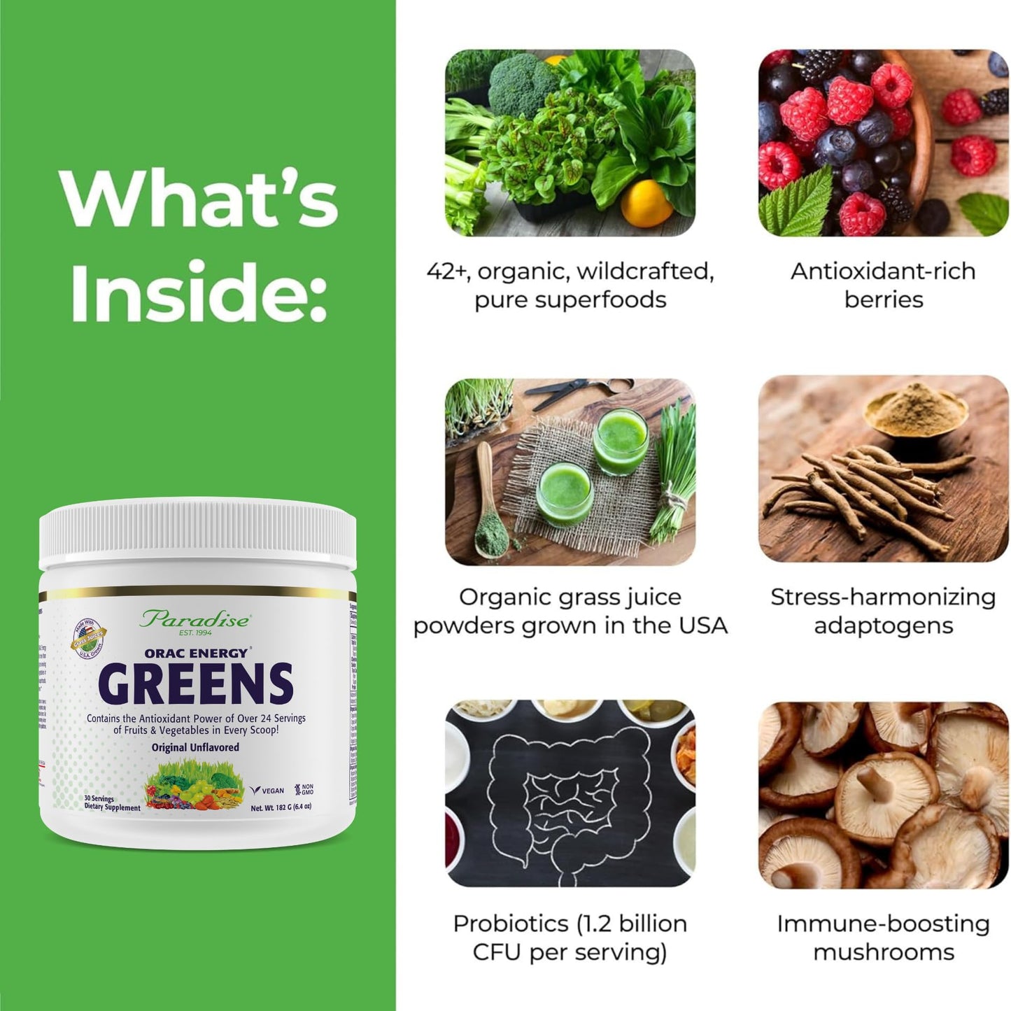 Paradise, ORAC Energy Greens Powder Extract, Super Antioxidants, Probiotics for Gut Health & Digestion, Vitamin C for Immunity, with Spirulina & Chlorella, Non-GMO, Gluten Free, 30 Servings Paradise HerbsBuy Supplements Australia