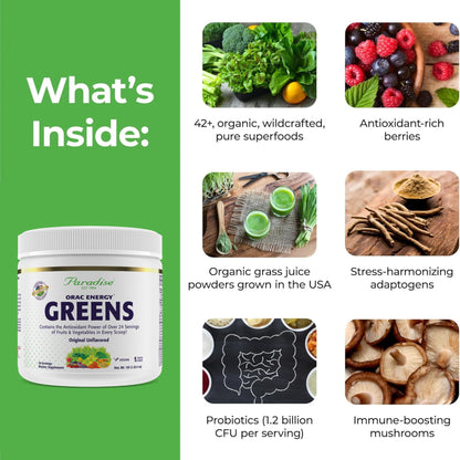 Paradise, ORAC Energy Greens Powder Extract, Super Antioxidants, Probiotics for Gut Health & Digestion, Vitamin C for Immunity, with Spirulina & Chlorella, Non-GMO, Gluten Free, 30 Servings Paradise HerbsBuy Supplements Australia