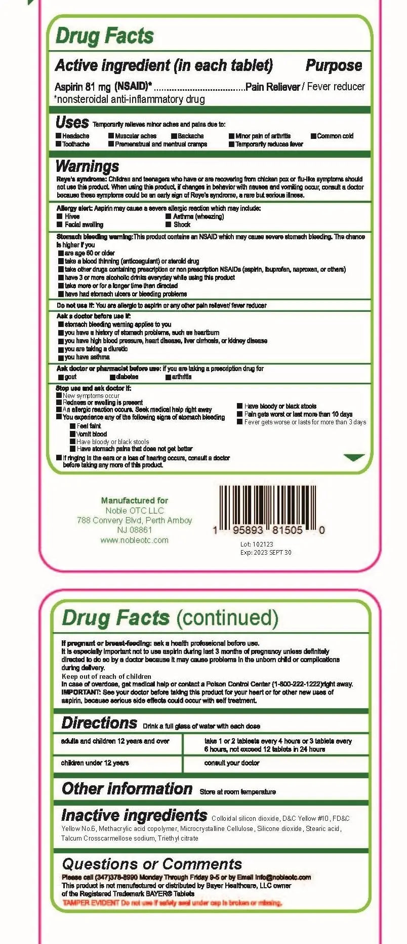 Pure Low Dose Baby Aspirin 81mg for Adults, 100 Count Enteric Coated Aspirin Tablets for Men and Women, Safe Relief for Symtoms Associated with Headache, Arthritis, Cramps NobleAidBuy Supplements Australia