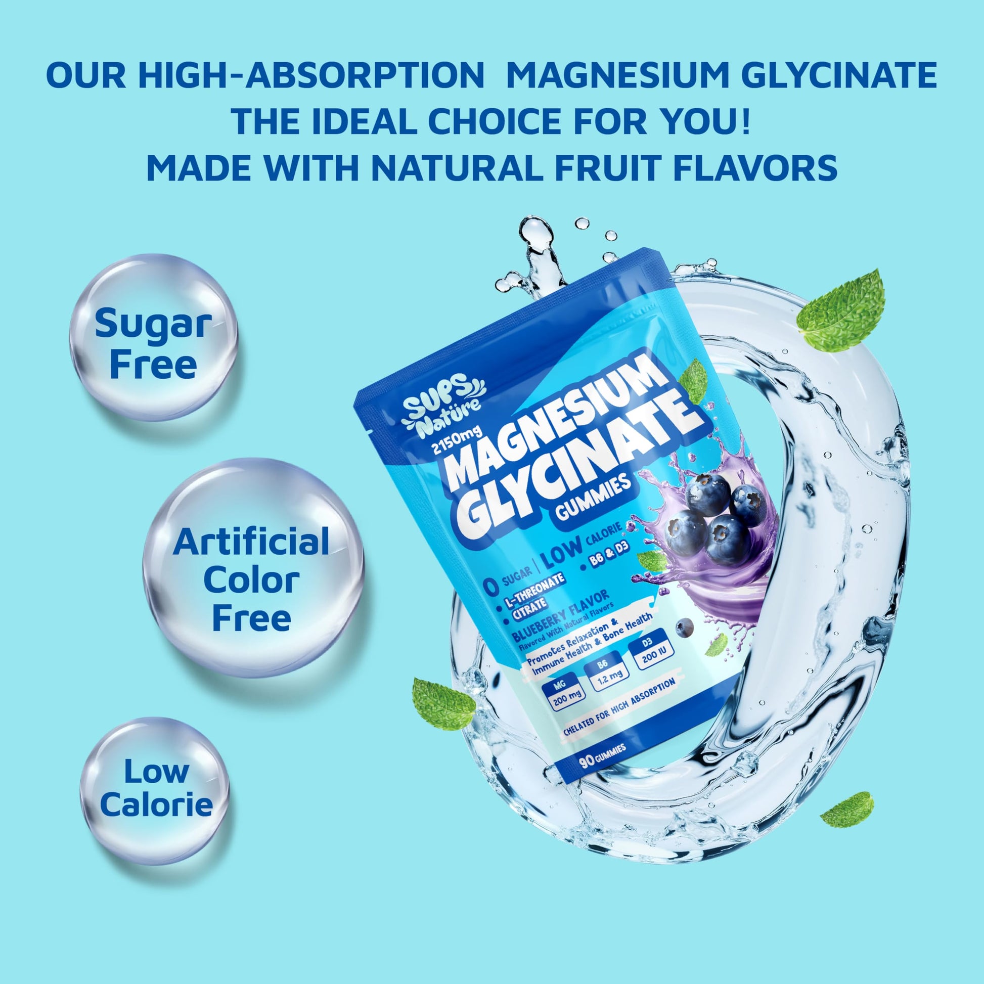 Magnesium Glycinate Gummies 2150 mg with Magnesium L-Threonate for Adults, Melatonin Free, High Absorption, Blueberry Flavor, 90 Count sups natureBuy Supplements Australia