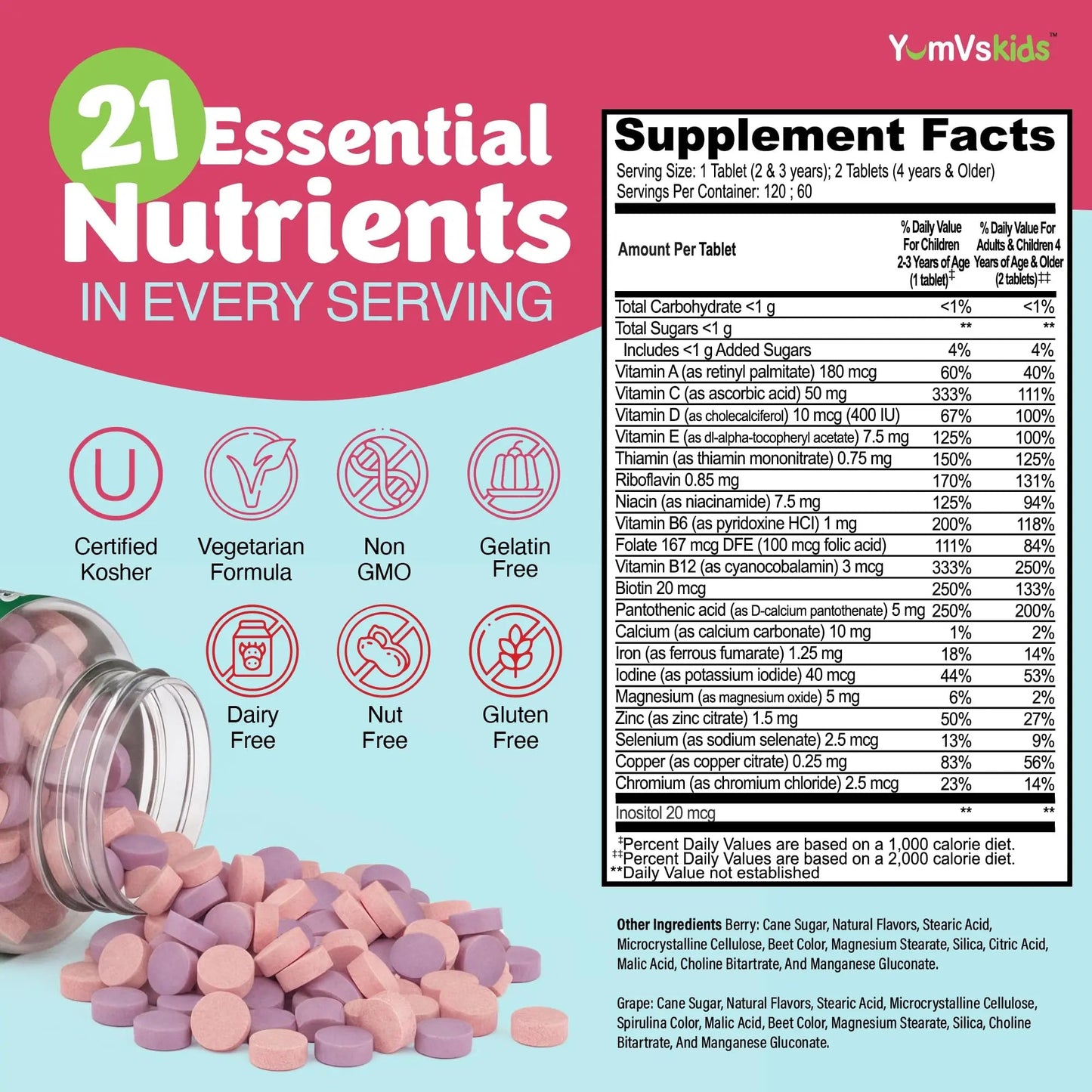 YumVs Kids Multivitamin with Iron & Minerals Chewable Tablets – Grape & Berry Flavor Vitamins for Toddlers & Children Age 2+ – Daily Multivitamin YUM-V'SBuy Supplements Australia