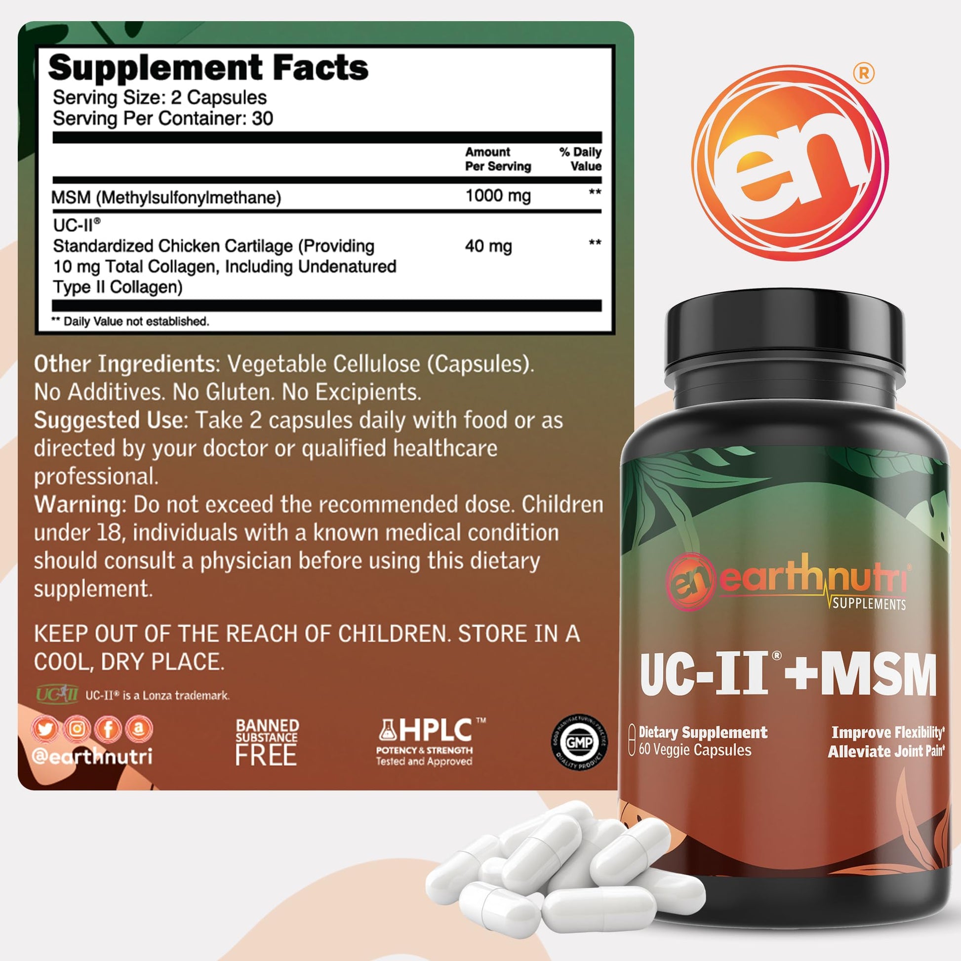 EarthNutri UC-II Collagen & MSM Supplement for Bone Health and Joint Flexibility Joint Supplement - 40mg UC-II Providing 10mg Total Collagen & 1000mg MSM - 60 Capsules (2 Caps Daily) EarthNutriBuy Supplements Australia