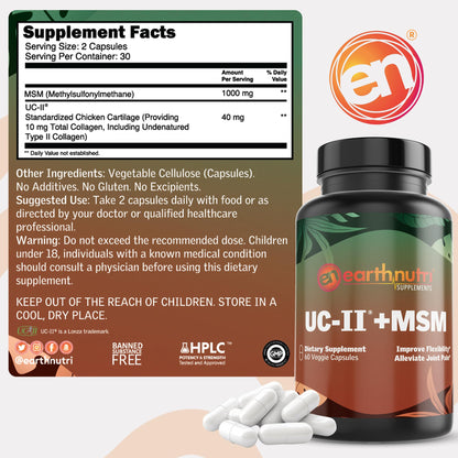 EarthNutri UC-II Collagen & MSM Supplement for Bone Health and Joint Flexibility Joint Supplement - 40mg UC-II Providing 10mg Total Collagen & 1000mg MSM - 60 Capsules (2 Caps Daily) EarthNutriBuy Supplements Australia