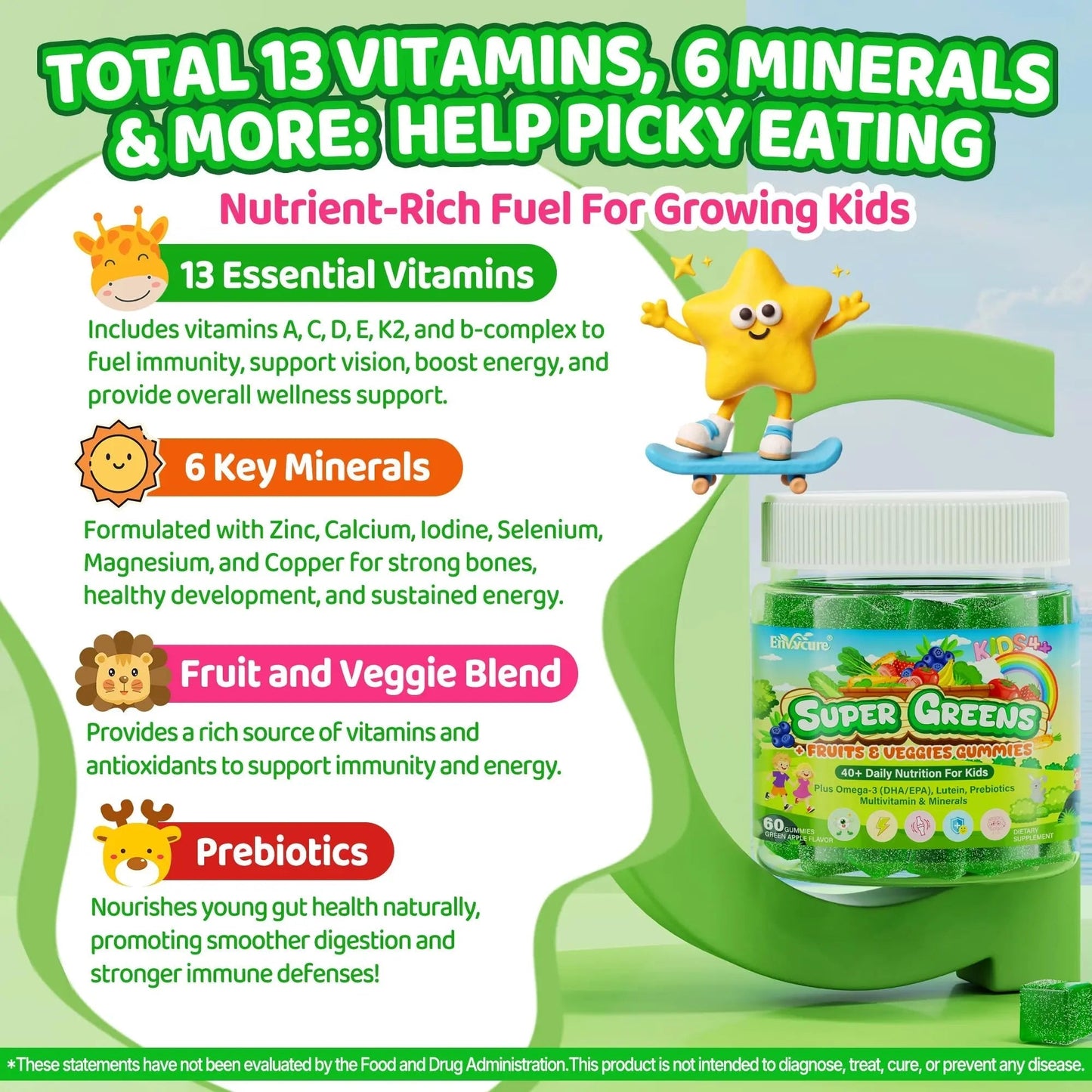 Kids Super Greens Gummies, w/Multivitamins, Spirulina, Chlorella, Spinach, Broccoli, Calcium, Omega-3 (DHA/EPA) EnvyCure