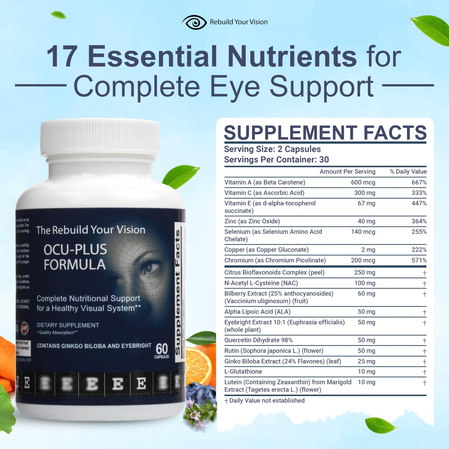 Rebuild Your Vision Ocu-Plus Formula – Eye Health Supplement with Lutein & Zeaxanthin – Supports Visual Clarity, Night Vision & Macular Health – with Bilberry, Ginkgo Biloba & NAC – 60 Capsules Rebuild Your VisionBuy Supplements Australia