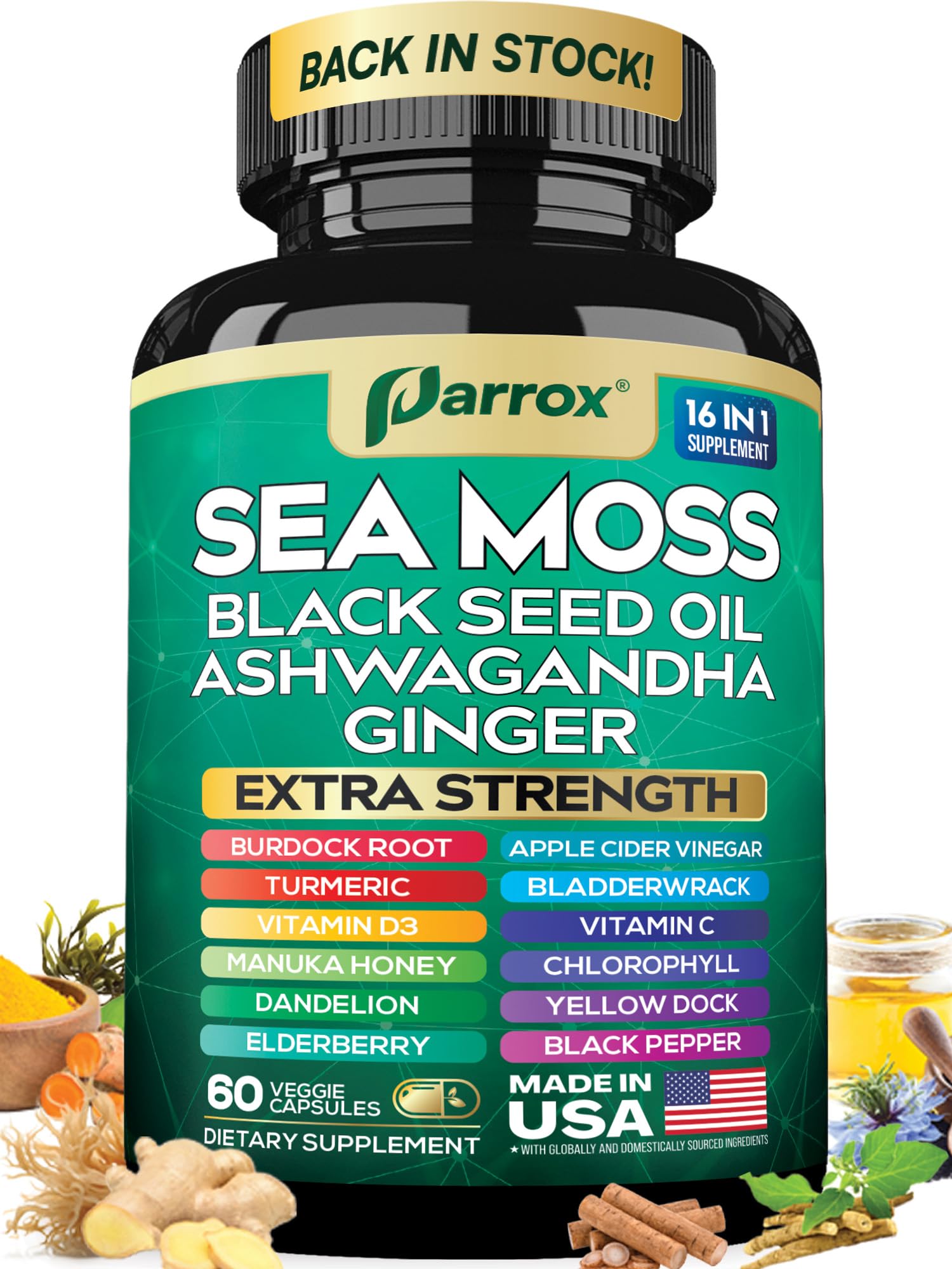 Parrox Sea Moss, Black Seed Oil, Ashwagandha, Turmeric, Chlorophyll, Dandelion, Ginger, Vitamin D3, Black Pepper, Elderberry, ACV, Yellow Dock, Burdock Root, Manuka, Vitamin C, Bladderwrack (60 Caps) ParroxBuy Supplements Australia