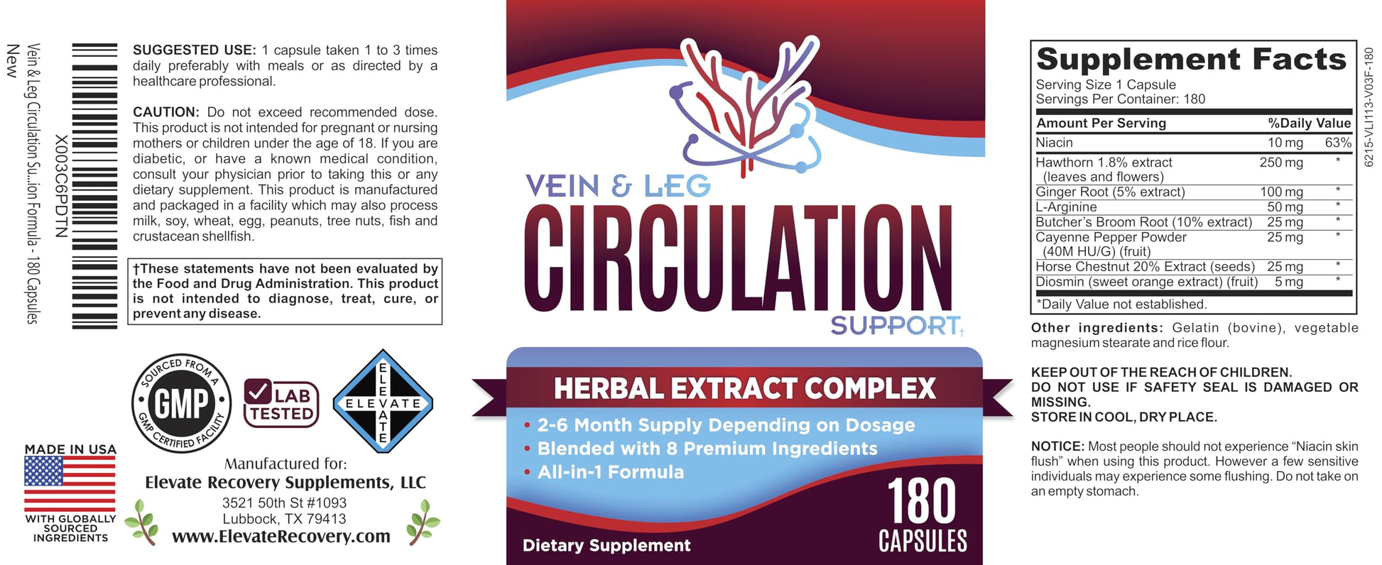 Vein & Leg Circulation (2-Month) Support Supplement with 8 Active Ingredients in 1 Formula | Leg + Vein | Blood Circulation Support Supplements | 60-Day Bulk Supply | 180 Capsules Elevate Recovery SupplementsBuy Supplements Australia