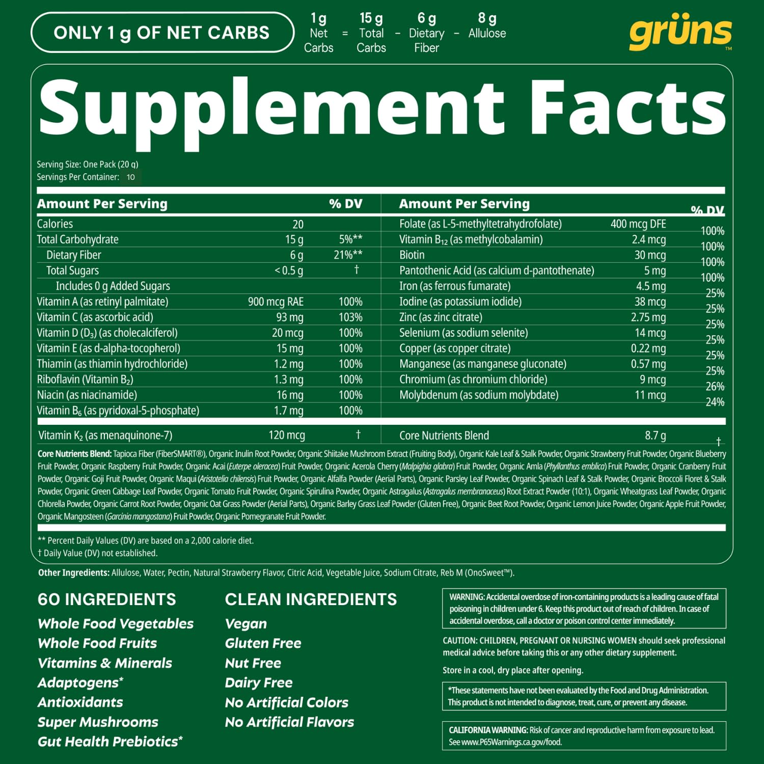 Gruns Sugar-Free Super Greens Gummies, Multivitamin Superfood Gummy Bears, Spirulina, Chlorella, Prebiotics & Fiber gummies for Digestive Health, Adaptogens Supplement, 20 Vitamins & Minerals, 10 pack GrünsBuy Supplements Australia