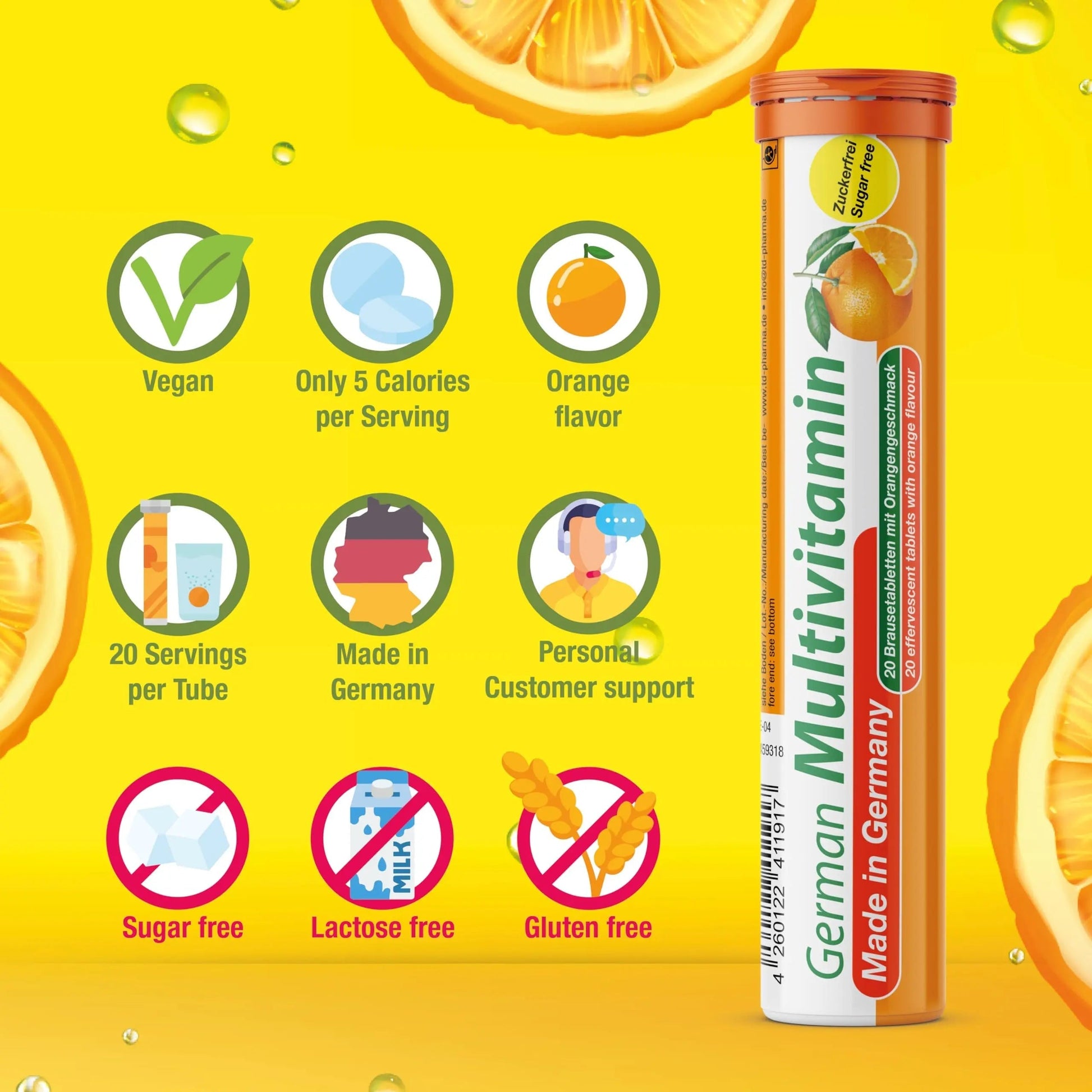 T&D German Multvitamin 10 Vitamins - 40 Vegan Drink Effervescent Tablets - Orange Flavor T&D