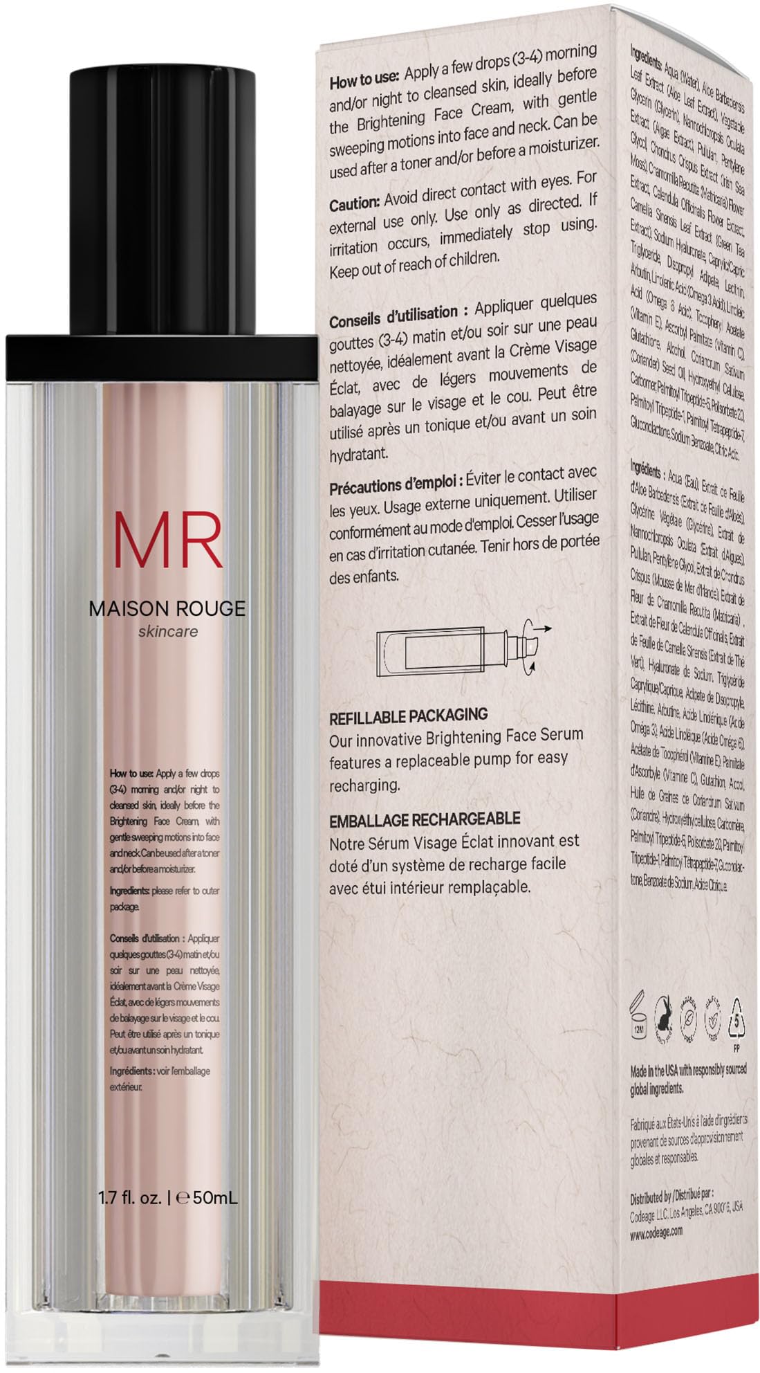 Maison Rouge Brightening Face Serum by Codeage - Glutathione Serum, Vitamin C, E, Hyaluronic Acid, Collagen - Radiance Enhancing - Parabens and Sulfates-Free - Refillable - All Skin Types - 1.7 fl oz CodeageBuy Supplements Australia