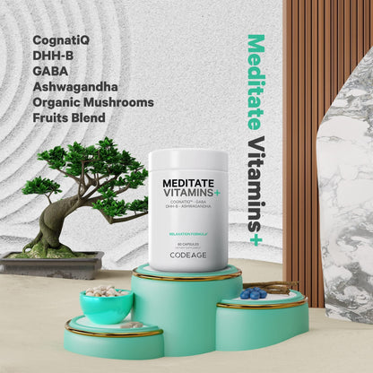 Codeage Meditate Vitamins+ Supplement - CognatiQ, DHH-B, GABA, Ashwagandha, Organic Mushrooms, Blueberries - BDNF Brain Pills and Neuroprotein - Vegan, Non-GMO, Gluten-Free - 60 Capsules CodeageBuy Supplements Australia