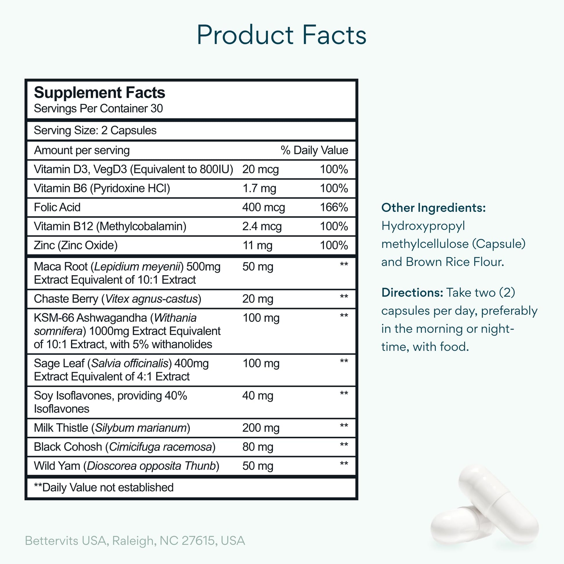 Bettervits Menopause Supplements for Women with Ashwagandha and Zinc | Hormone Balance Support with Vitamins D3 B6 B12 for Hot Flashes | Perimenopause Supplements for Monthly Wellness - 60 Capsules BettervitsBuy Supplements Australia