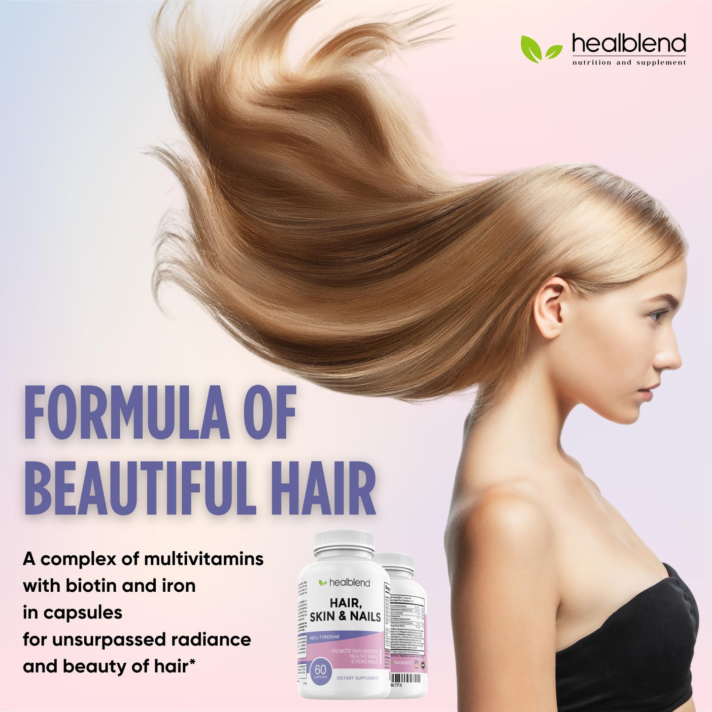 healblend Hair Skin and Nails Vitamins for Women with Biotin 5000 mcg, Iron and Manganese | Vegan, Non-GMO | 60 Capsules healblendBuy Supplements Australia