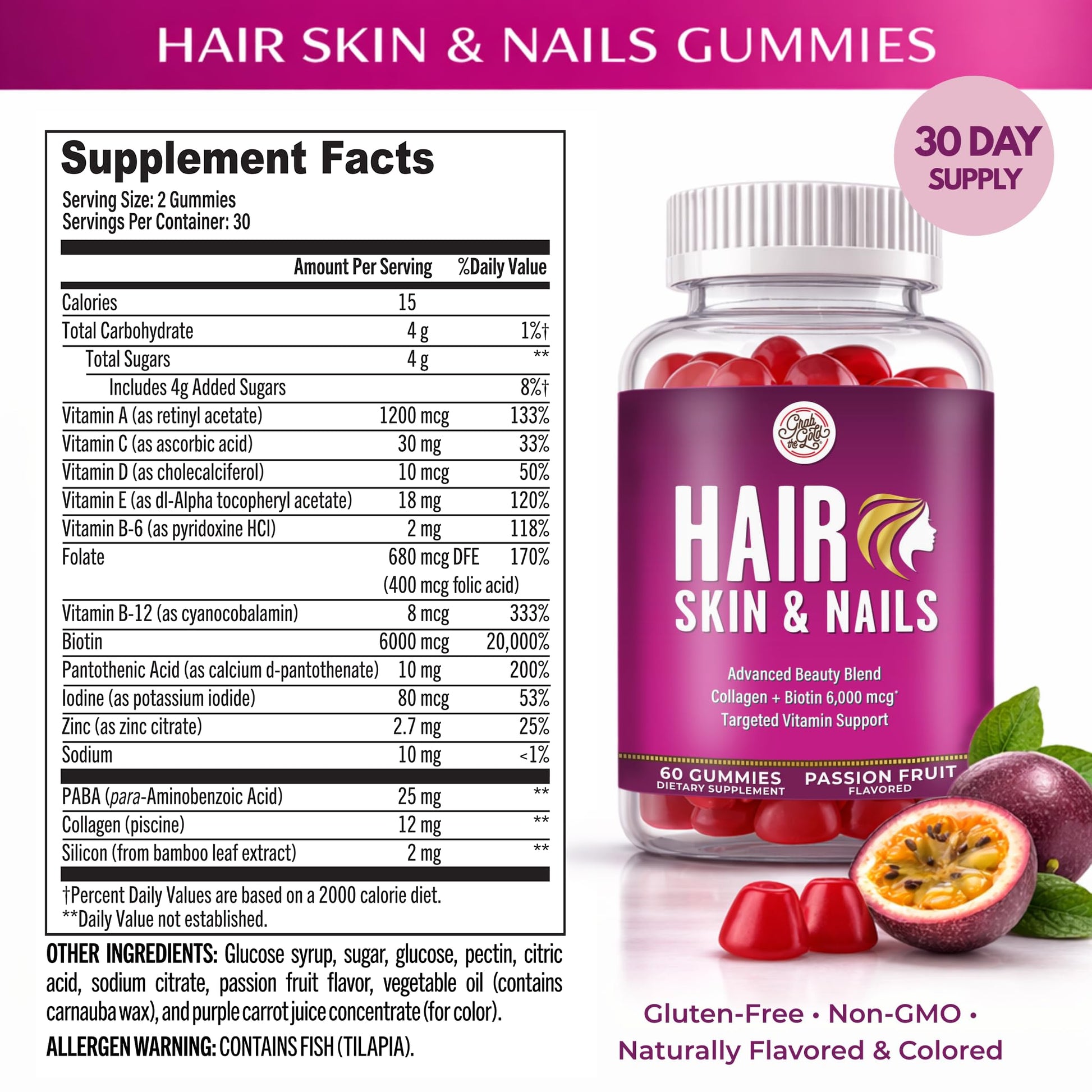 Grab The Gold Hair Skin & Nails Vitamins for Women | Gummies with 6000mcg Biotin & Collagen | 10 Essential Vitamin & Minerals | Gluten-Free, Non-GMO, Passion Fruit Flavor | 1 Month Supply, Made in USA Grab The GoldBuy Supplements Australia