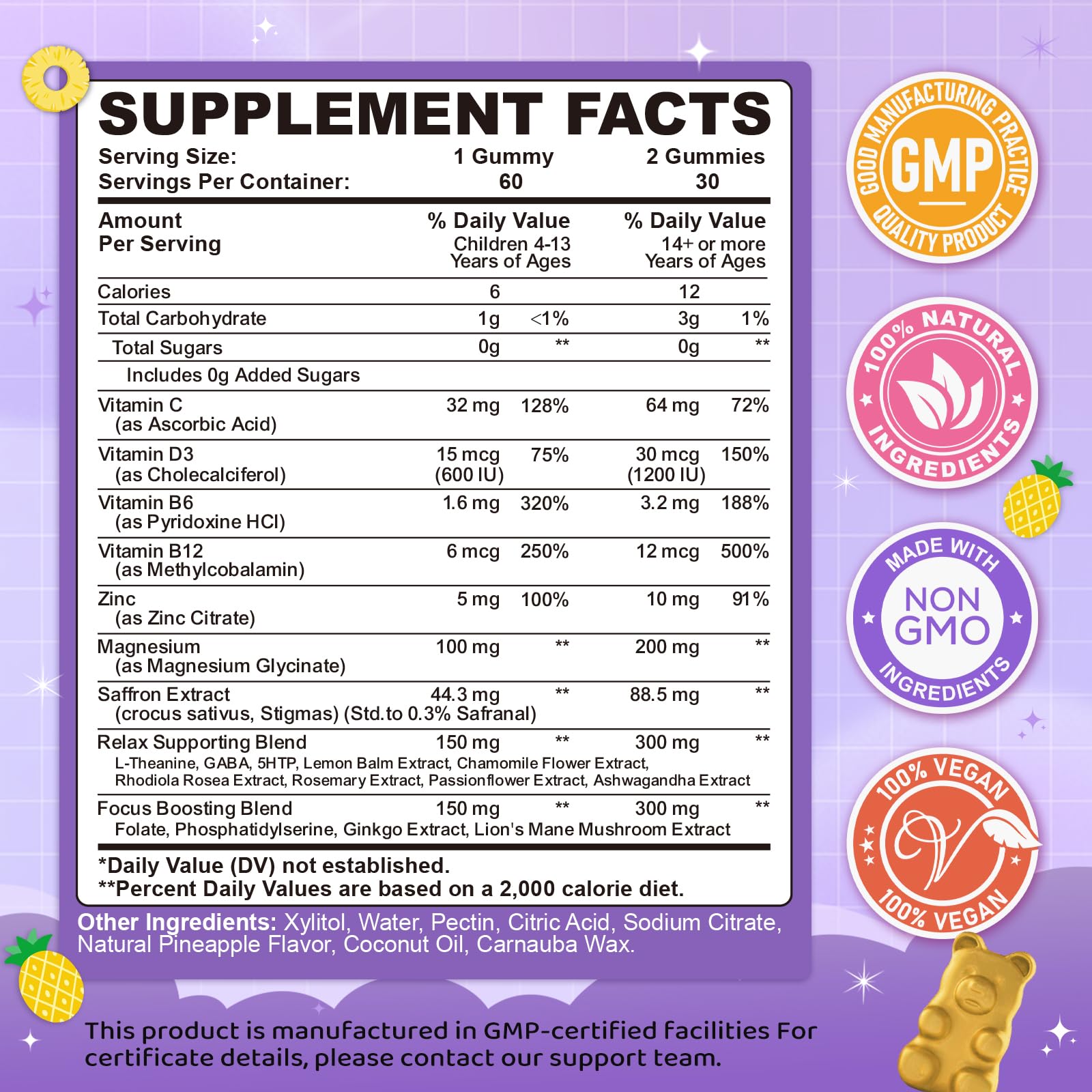 Saffron Gummies for Kids & Adults, 20-in-1 Saffron Supplements with 88.5mg Saffron Extract, B6, B12, C, D3, Magnesium for Calm, Focus, Nerve, Sugar Free, Vegan, Non-GMO - Pineapple Flavor, 60 Counts CFILIHTCBuy Supplements Australia