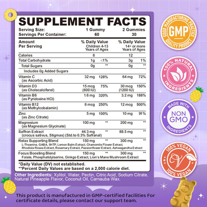 Saffron Gummies for Kids & Adults, 20-in-1 Saffron Supplements with 88.5mg Saffron Extract, B6, B12, C, D3, Magnesium for Calm, Focus, Nerve, Sugar Free, Vegan, Non-GMO - Pineapple Flavor, 60 Counts CFILIHTCBuy Supplements Australia