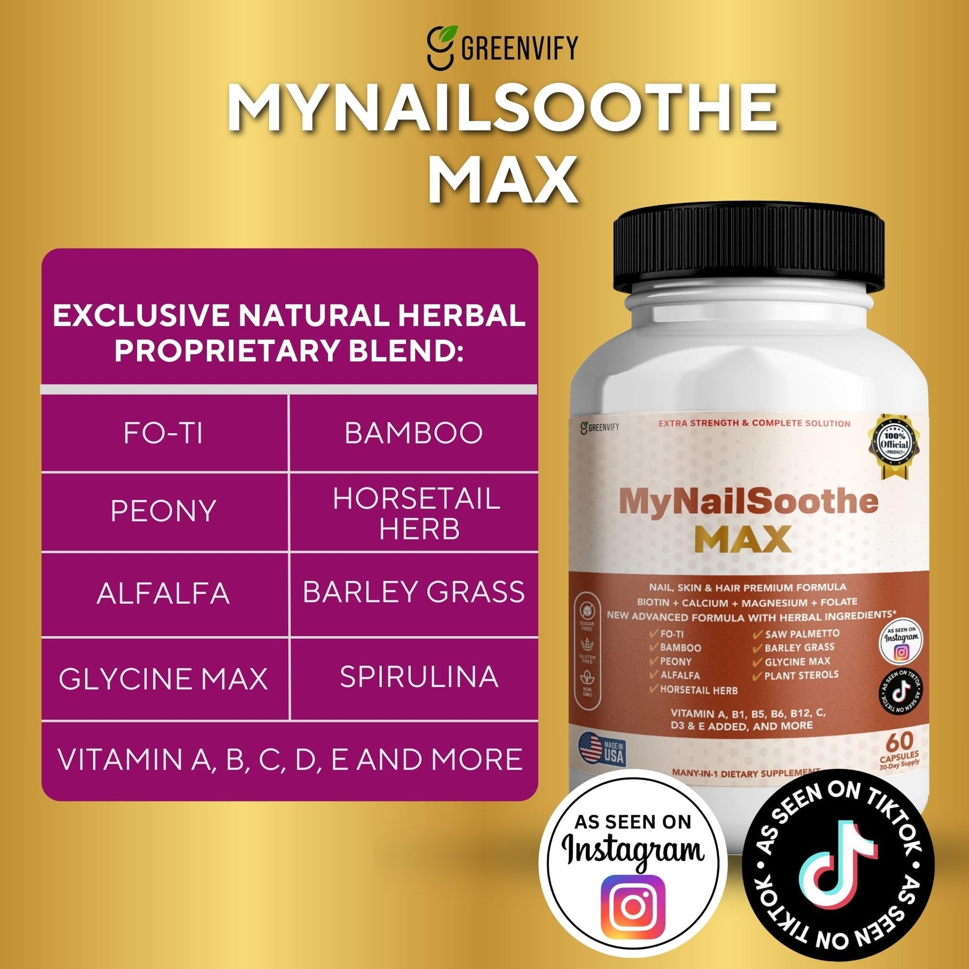GREENVIFY MyNailSoothe MAX Hair, Skin & Nail Supplement, 60 Capsules, with Biotin 5000mcg, Vitamins, Minerals & Herbal Blend (1) GREENVIFYBuy Supplements Australia