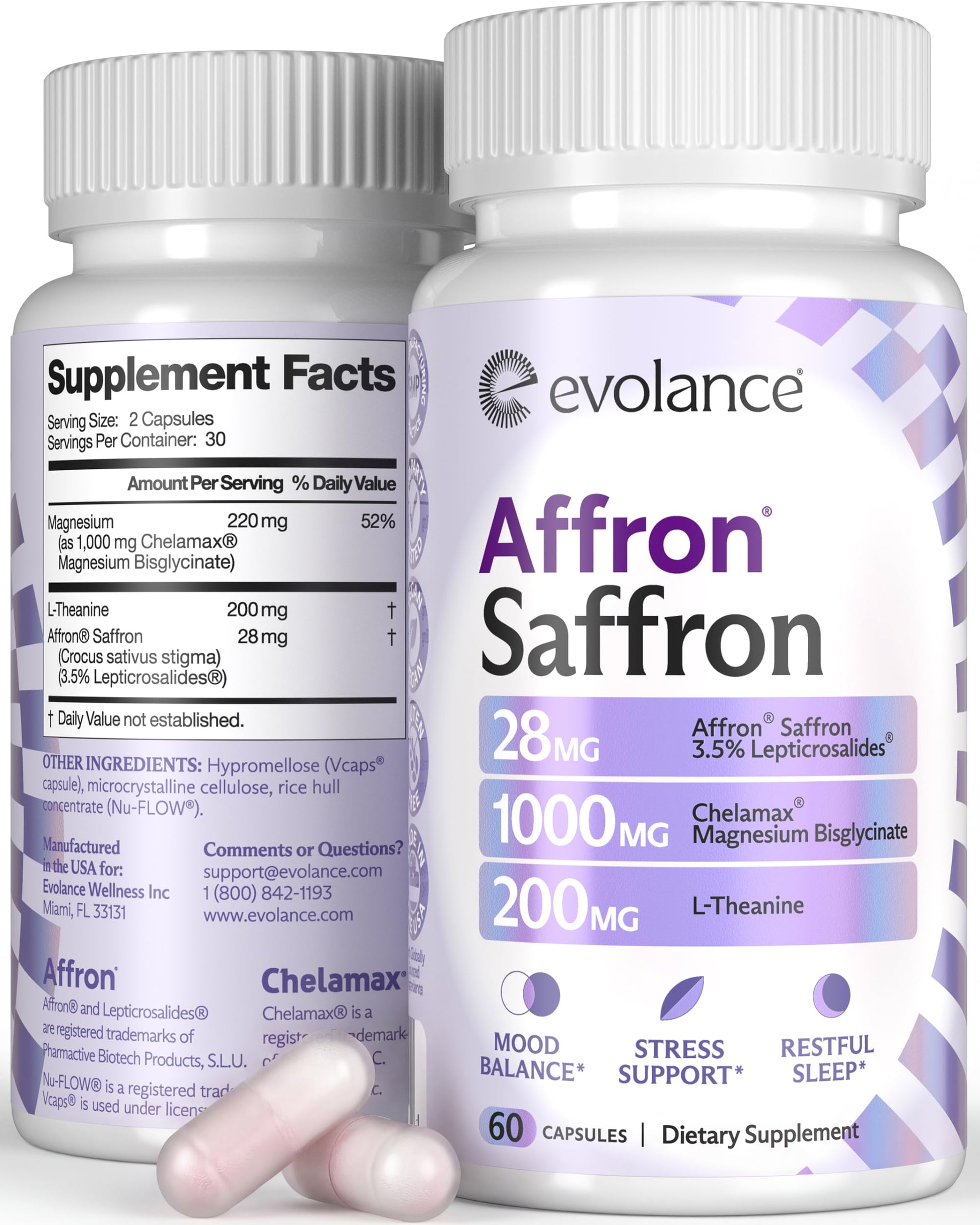 Evolance Saffron Supplements Extract for Stress & Mood Support – Affron 28mg, Magnesium Glycinate 1000mg, L-Theanine 200mg – High Absorption, Sleep & Focus Support, Melatonin-Free, 60 Veggie Capsules EvolanceBuy Supplements Australia