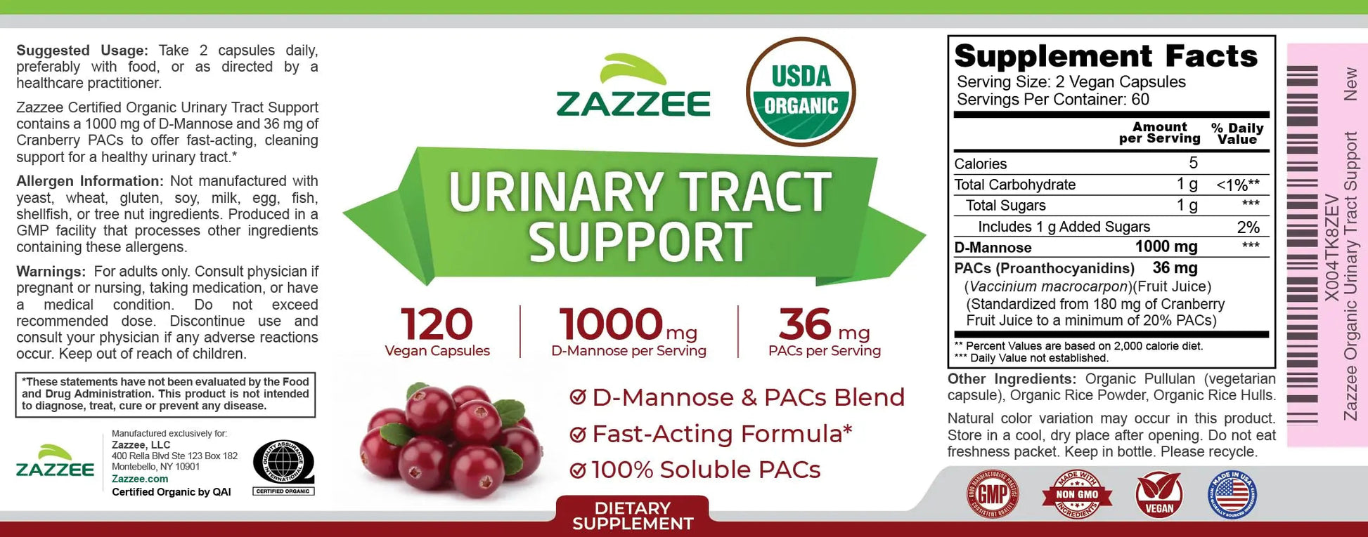 Zazzee USDA Organic Cranberry PACs and D-Mannose, 1000 mg D-Mannose, 36 mg Cranberry PACs, 120 Vegan Capsules, 2 Month Supply, Potent & Fast-Acting, All-Natural Urinary Tract Health Support, Non-GMO ZazzeeBuy Supplements Australia