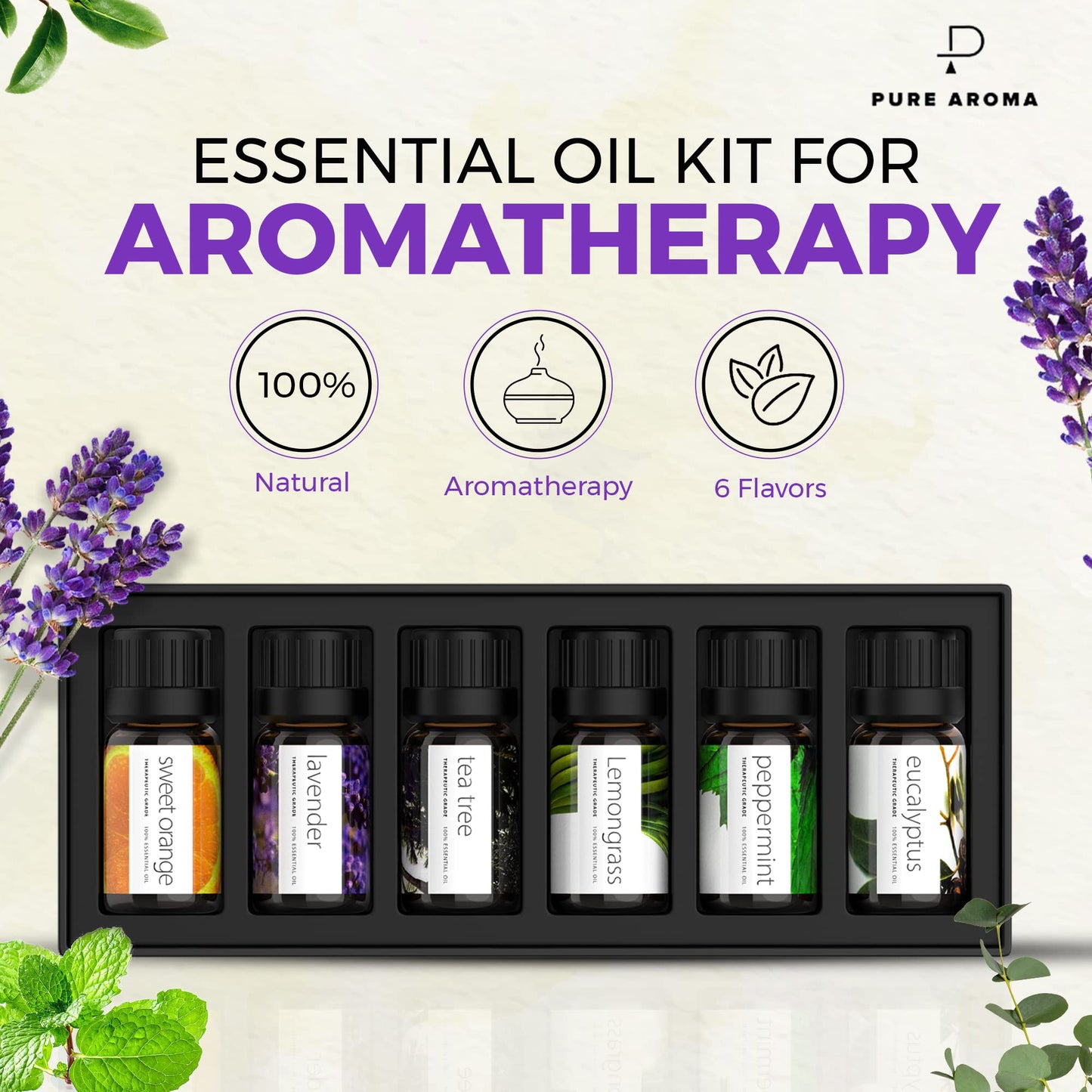Essential Oils by PURE AROMA 100% Pure Oils kit- Top 6 Aromatherapy Oils Gift Set-6 Pack, 10ML Pure AromaBuy Supplements Australia