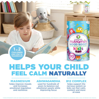 NUTRAMIN Kids Mood Boost Vegan Vitamin Gummy: Calming Magnesium Citrate Supplement for Children with Ashwagandha & Vitamin B Complex to Relax & Focus Nutracelle