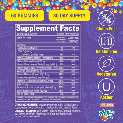 Dippin' Dots - Multivitamin Gummies for Kids Rainbow Fruit Flavor Complete Multivitamin Chewy Gummies Vitamin A, B, C, D3, E, B6, Zinc - 60 Count Vital+Boon