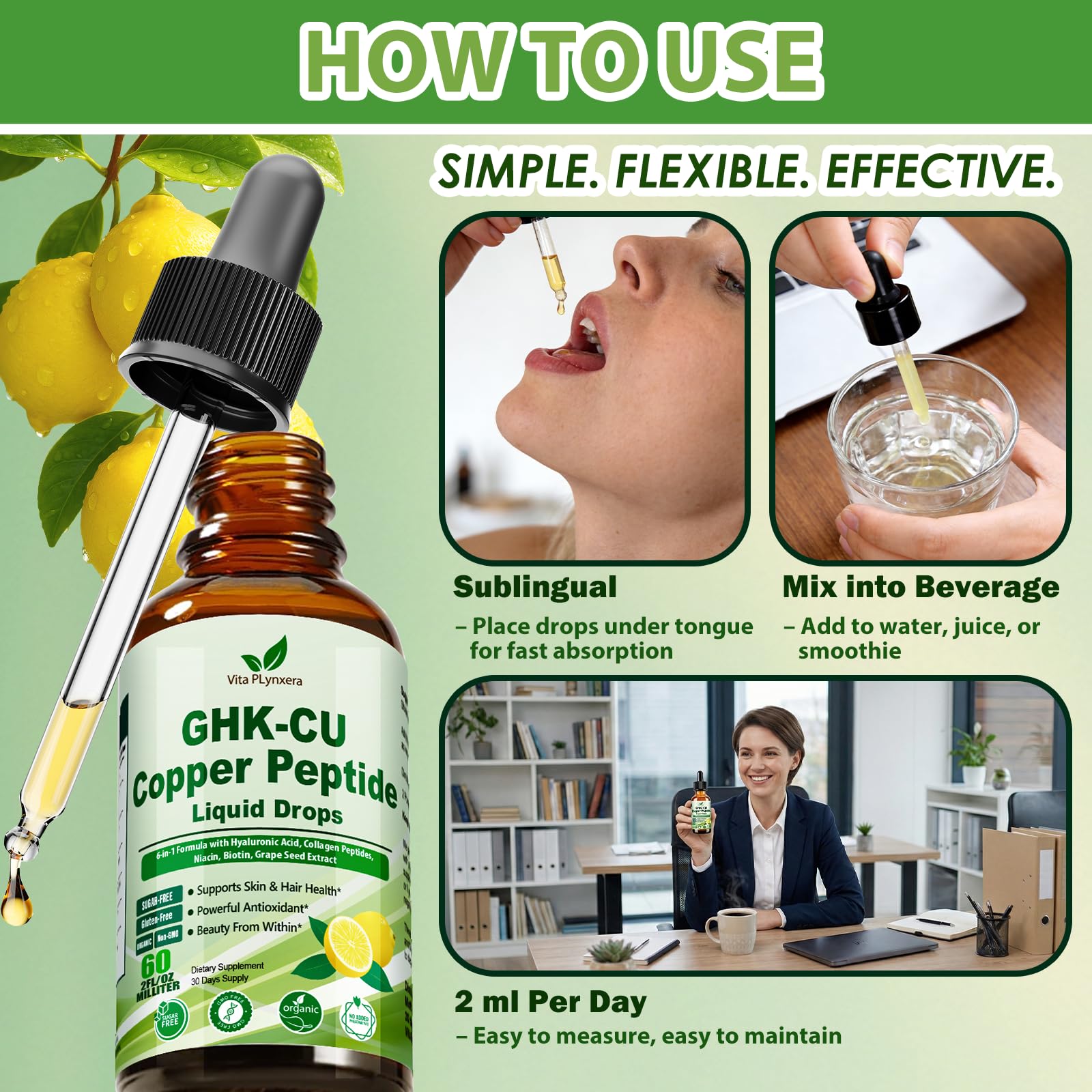 Vita PLynxera GHK-CU Peptide Supplement Liquid Drops, Premium 6-in-1 GHK CU Copper Peptides w. Marine Collagen Hyaluronic Acid Biotin for Anti-Aging, Skin Hair Growth Support, Oral Drops丨Women Men Vita PLynxeraBuy Supplements Australia