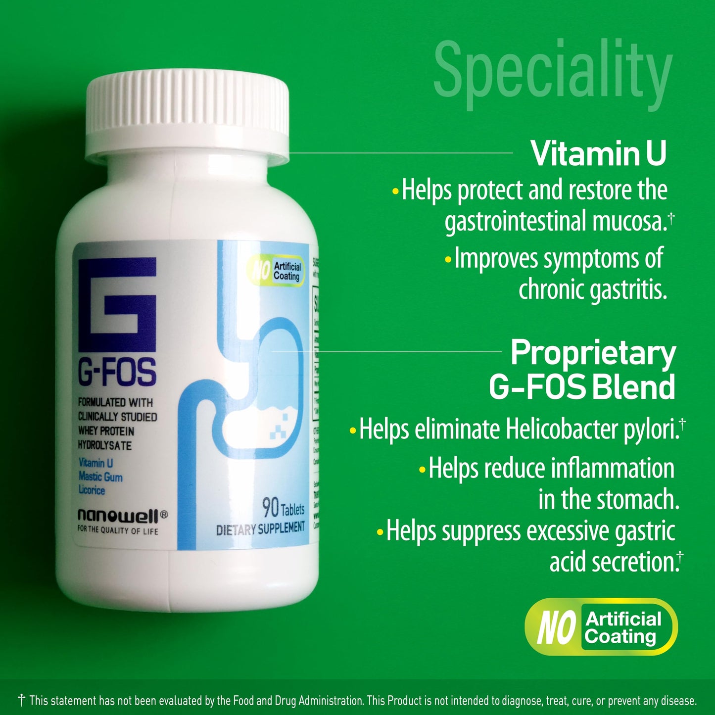 NANOWELL G-FOS Digestive Health Supplement, Vitamin U - 90 Tablets X 2 Bottles for 2 Months (180 Count) NANOWELLBuy Supplements Australia