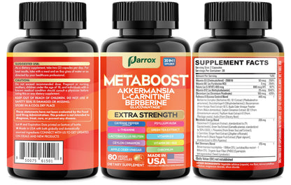 GLP-1 Booster Supplement, Akkermansia, L-Carnitine, Berberine (GlucoVantage), Methylfolate, Methylated B12, Chromium, Capsimax, Psyllium Husk, Probiotics Vitamins D3, B6, 20-in-1 Plant-Based (60 Caps) ParroxBuy Supplements Australia