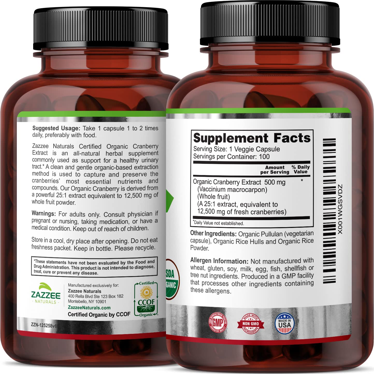 Zazzee USDA Organic Cranberry 25:1 Extract, 12,500 mg Strength, 100 Vegan Capsules ZazzeeBuy Supplements Australia