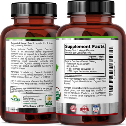 Zazzee USDA Organic Cranberry 25:1 Extract, 12,500 mg Strength, 100 Vegan Capsules ZazzeeBuy Supplements Australia