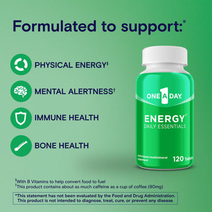 One A Day Energy Daily Essentials Multivitamin, Energy Supplement to Support Mental Alertness and Immune Health with Vitamins A C, D, E, Zinc and Caffeine, 120 Count ONE A DAYBuy Supplements Australia