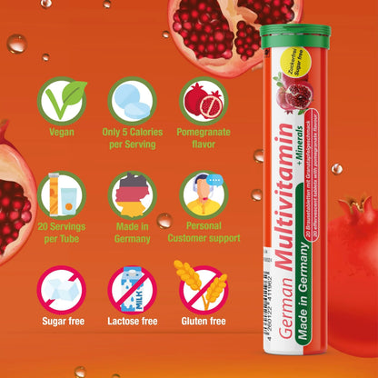 T&D German Multivitamin + Mineralien Drink Effervescent Tablets 140 Servings Pomegranate Flavour – 10 Vitamins + 2 Minerals T&DBuy Supplements Australia