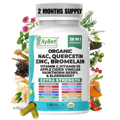 NAC-n-acetyl cysteine- Quercetin Zinc Bromelain Supplement | Extra Strength with Vit C, D3, Apple Cider Vinegar, Elderberry, Hawthorn Berry, Turmeric | Immune Support|120 Vegan Capsules | USDA Organic AyBetBuy Supplements Australia