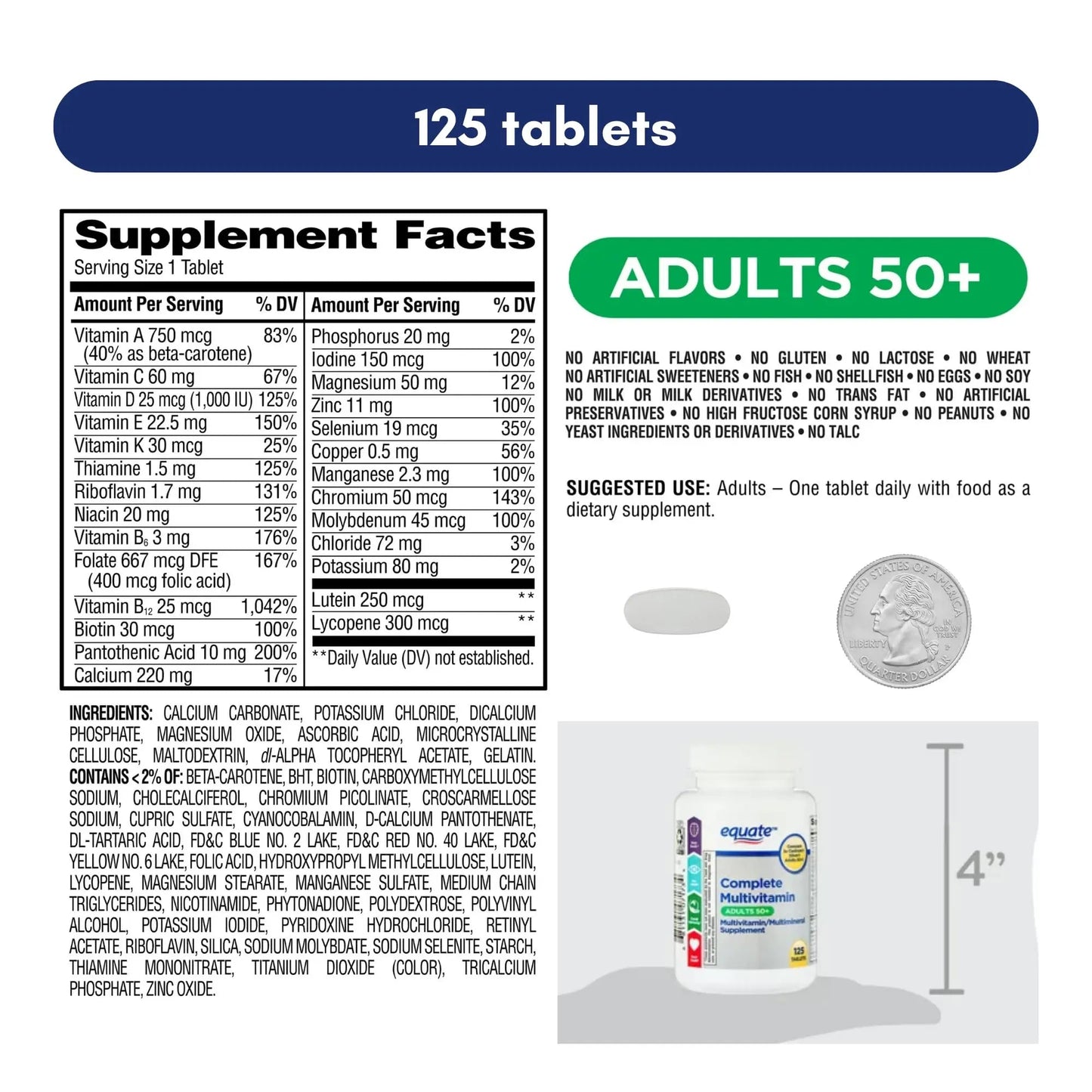 Equate Adult 50+ One Daily Complete Multivitamin Multimineral Supplement Tablets, Healthy Brain Aus Healthcare