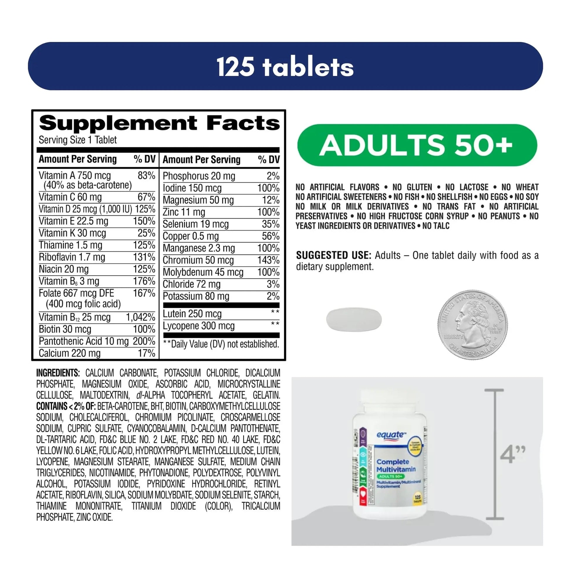 Equate Adult 50+ One Daily Complete Multivitamin Multimineral Supplement Tablets, Healthy Brain Aus Healthcare